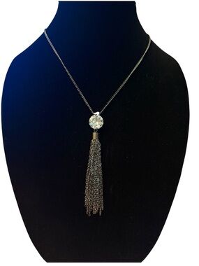 Elegant Silver Tassel Pendant Necklace with Crystal Accent
